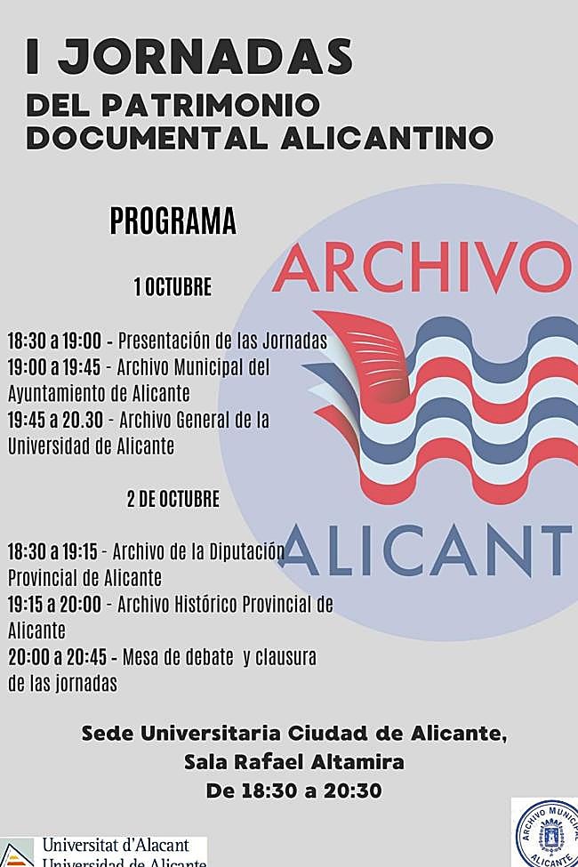 Cartel de las I Jornadas de Patrimonio Documental Alicantino, que se celebran en la Sede Universitaria Ciudad de Alicante.