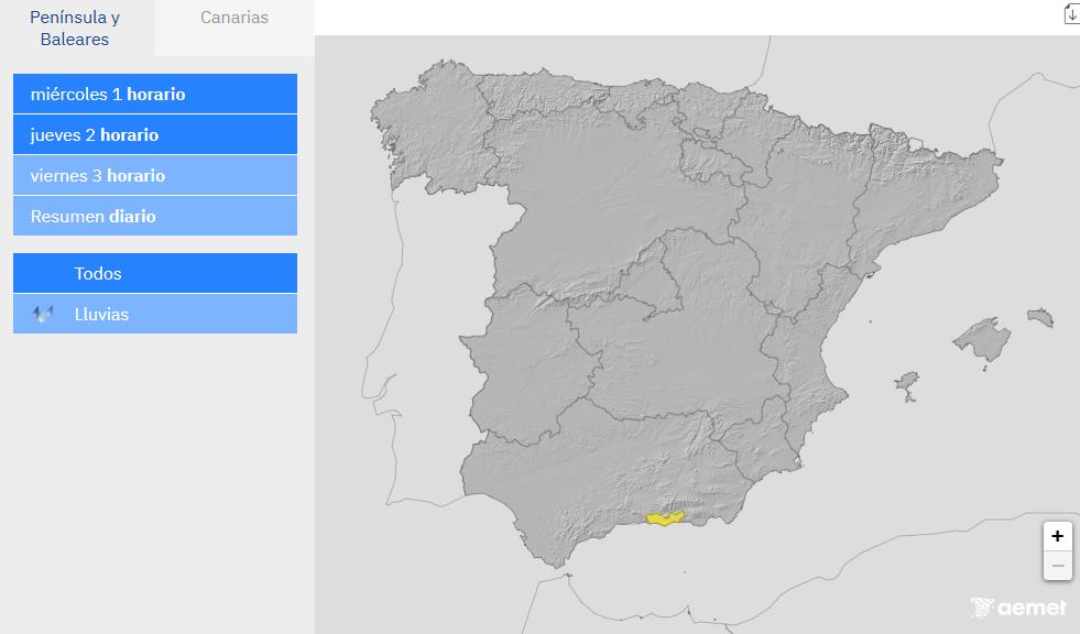 Mapa de la Aemet, sin avisos en la provincia de Alicante.