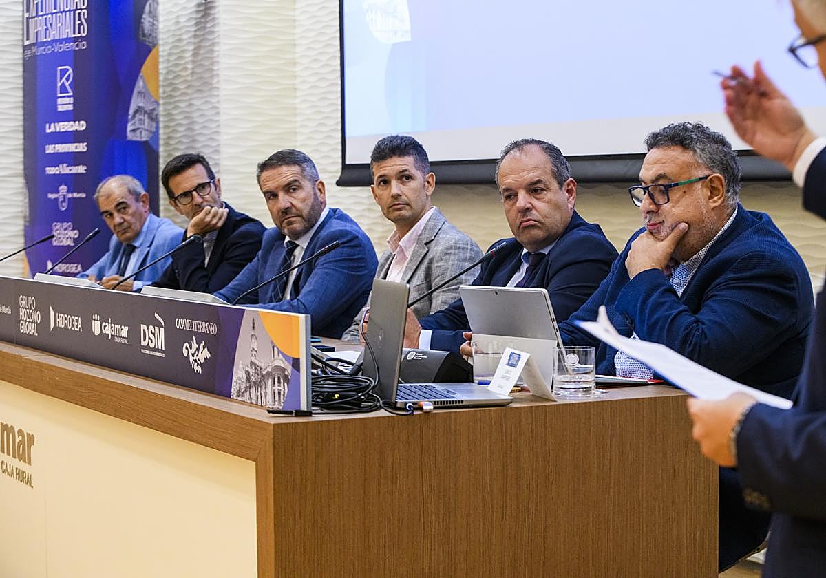 Federico Fuster, Vice President of CEV, and Carlos Baño, President of the Alicante Chamber of Commerce, at the speakers' table during the business conference.