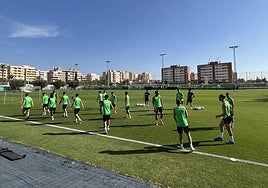 La plantilla del Elche durante el entrenamiento.