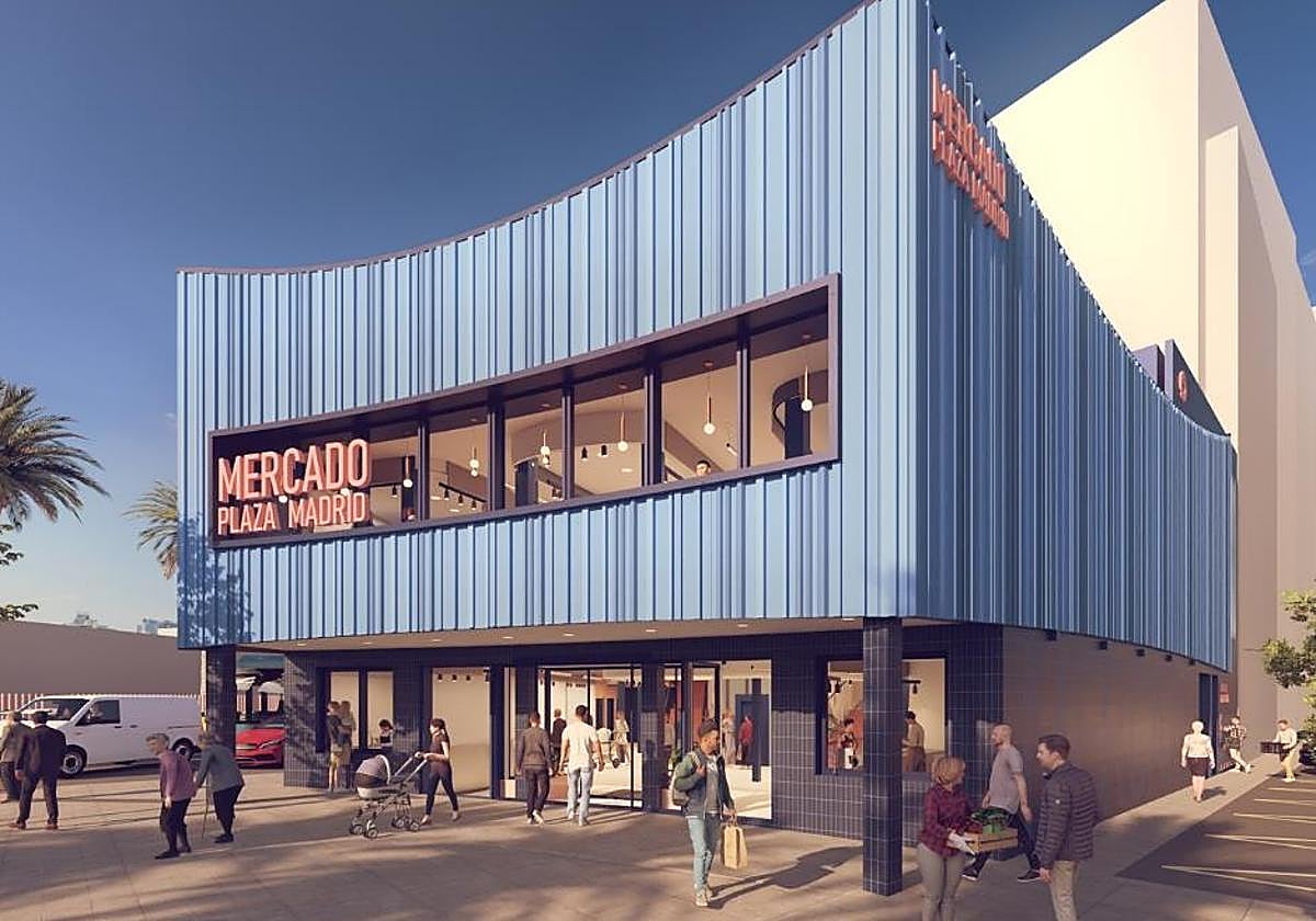Recreación del futuro Mercado de Plaza Madrid, que será completamente renovado para ofrecer un espacio moderno, accesible y abierto al barrio de Carrús.