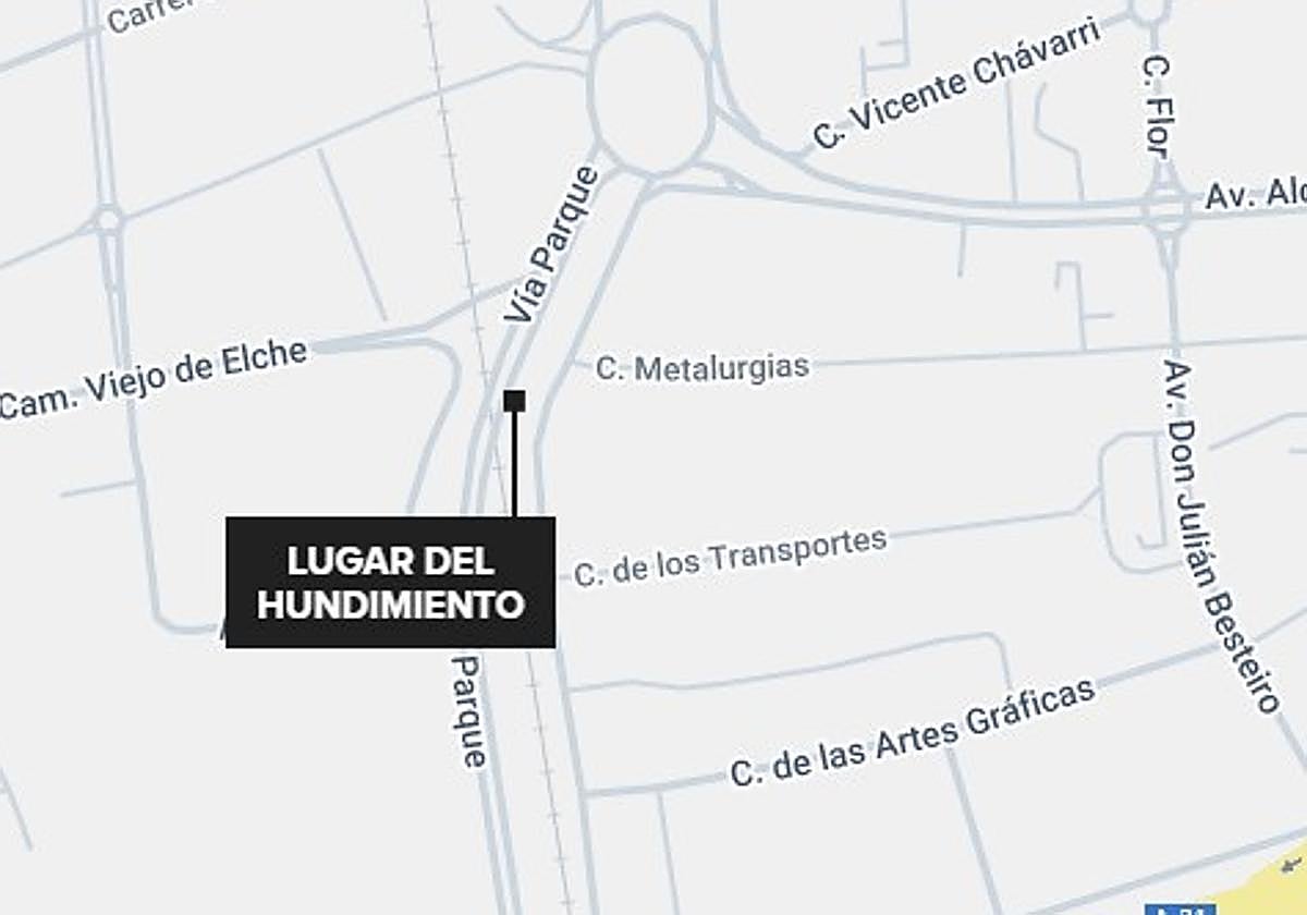 Un hundimiento de calzada obliga a cortar la Vía Parque de Alicante en sentido norte-sur