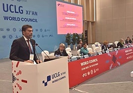 Barcala durante su intervención ante el Consejo Mundial de Ciudades y Gobiernos Locales Unidos.