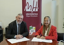 El vicerrector de Planificación y Responsabilidad Social de la UMH, Domingo Orozco, y la presidenta de ALCER Alicante, María del Carmen Román, durante la firma del acuerdo.