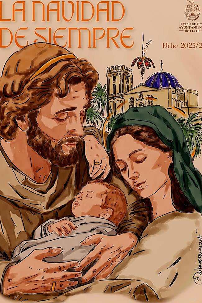 El cartel oficial de la Navidad combina tradición ilicitana con la iconografía de la Sagrada Familia, obra del artista Pablo Piñas.